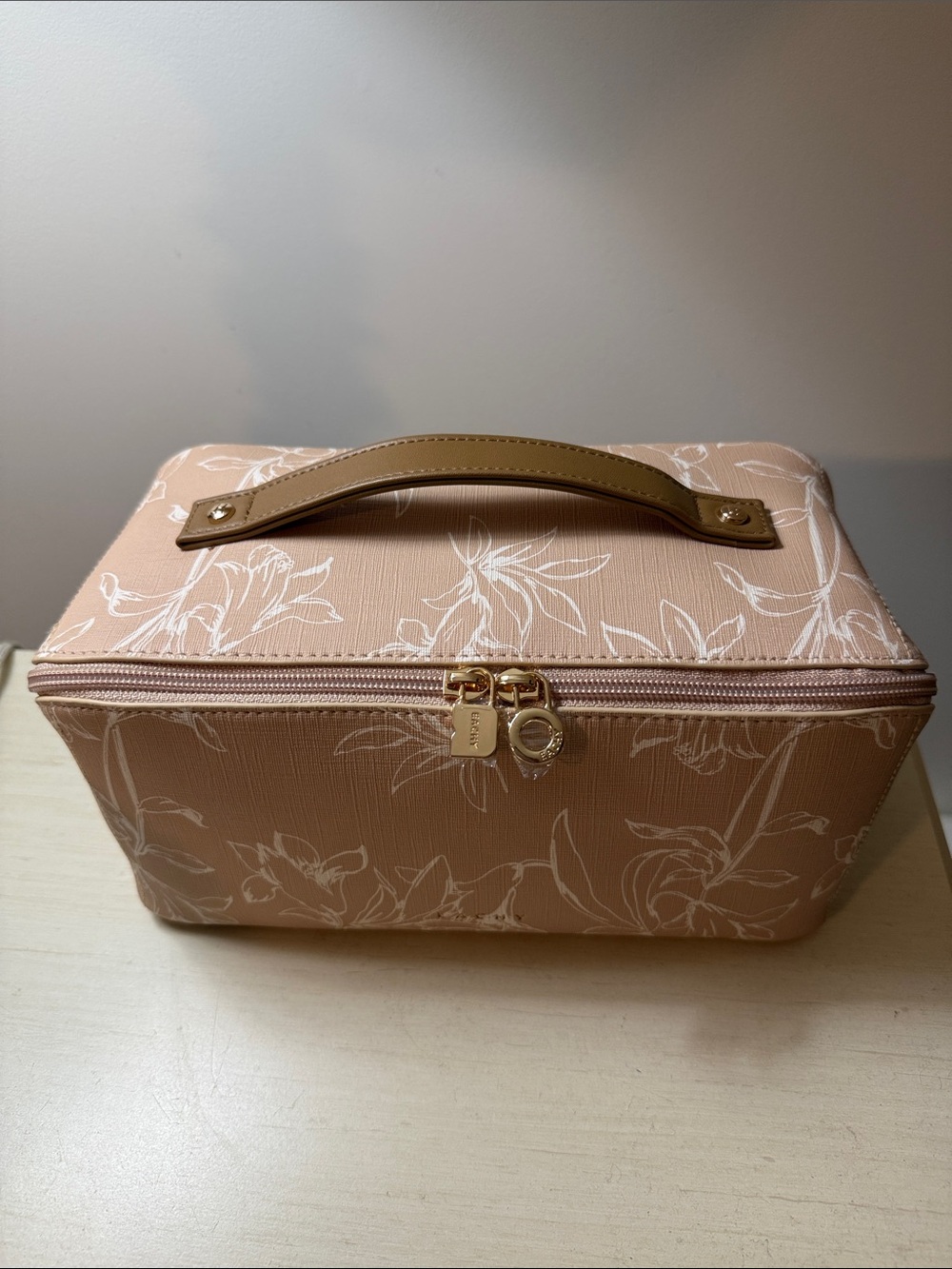 Beige Floral Cosmetic Case with Tan Handle